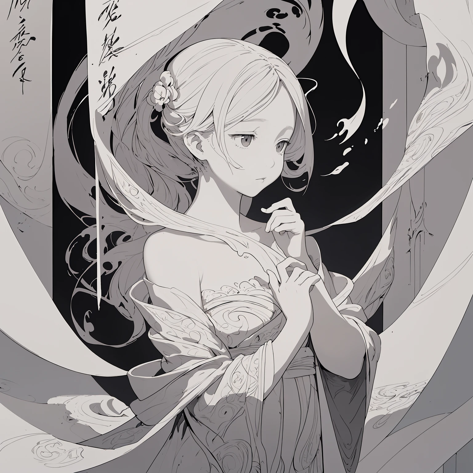 Title: "Silent Sonnet: The Whispering Elegance of a Girl in Calligraphic Harmony"
ArtStyle: Monochrome Drawing with Calligraphy Elements
  - Texture: Soft and nuanced, blending delicate illustration with the fluid grace of calligraphy
  - Color Palette: A single, muted tone, such as a gentle sepia or soft graphite, accented with the elegant black of calligraphic strokes
SceneDescription:
  - Subject: A young girl depicted with a blend of fragile beauty and the artistic touch of calligraphy
    - Appearance: Delicate and subtle, her features softly drawn with an ethereal quality
    - Expression: A wistful, serene gaze, as if her thoughts are being whispered through the calligraphic forms around her
    - Attire: Simplistic and unadorned, allowing the integration of calligraphic elements to flow seamlessly with her form
  - Action: A reflective pose, harmonizing with the swirls and lines of calligraphy, as if she is emerging from or intertwined with the script
  - Setting: Sparse and understated, with calligraphic elements creating a faint backdrop
    - Elements: Delicate calligraphic swirls, lines, and possibly poetic phrases or words that frame her or emerge from the background
    - Details: The calligraphy could form subtle elements of the scene, like the curve of a chair, the window's outline, or the horizon
  - Lighting: Soft and muted, ensuring the calligraphic details are a prominent yet harmonious part of the overall composition
  - Additional Details:
    - Calligraphic Harmony: The calligraphy could be thematic, relating to the girl's expression or mood, such as poetic verses about dreams, thoughts, or nature
    - Symbolic Interaction: The girl might be holding a calligraphic pen or have her finger tracing one of the calligraphic lines, symbolizing her connection to the art
Mood: A gentle intersection of visual art and calligraphy, portraying the quiet, introspective beauty of the girl, complemented by the elegant and poetic flow of script