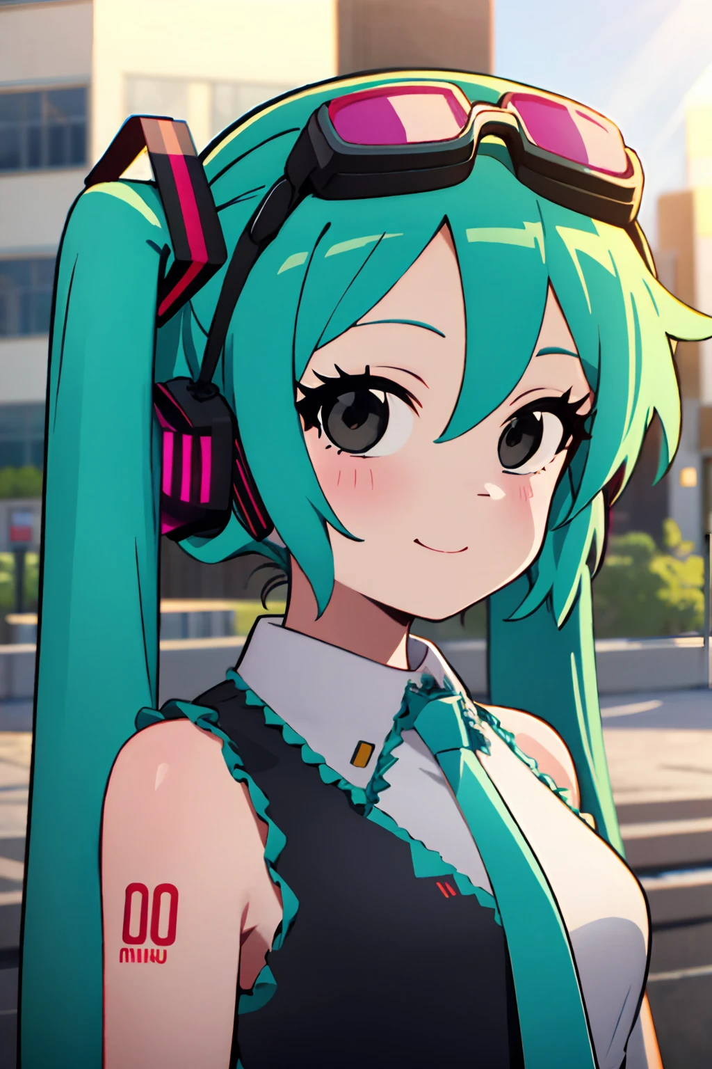 <lora:scott-style-09:1> scott_pilgrim_style, (hatsune miku:1.2), upper body, looking at viewer, light blush, outdoors, light rays, city, smile, goggles, goggles on head,, 1girl, (masterpiece:1.3), high quality, highres, absurdres, solo