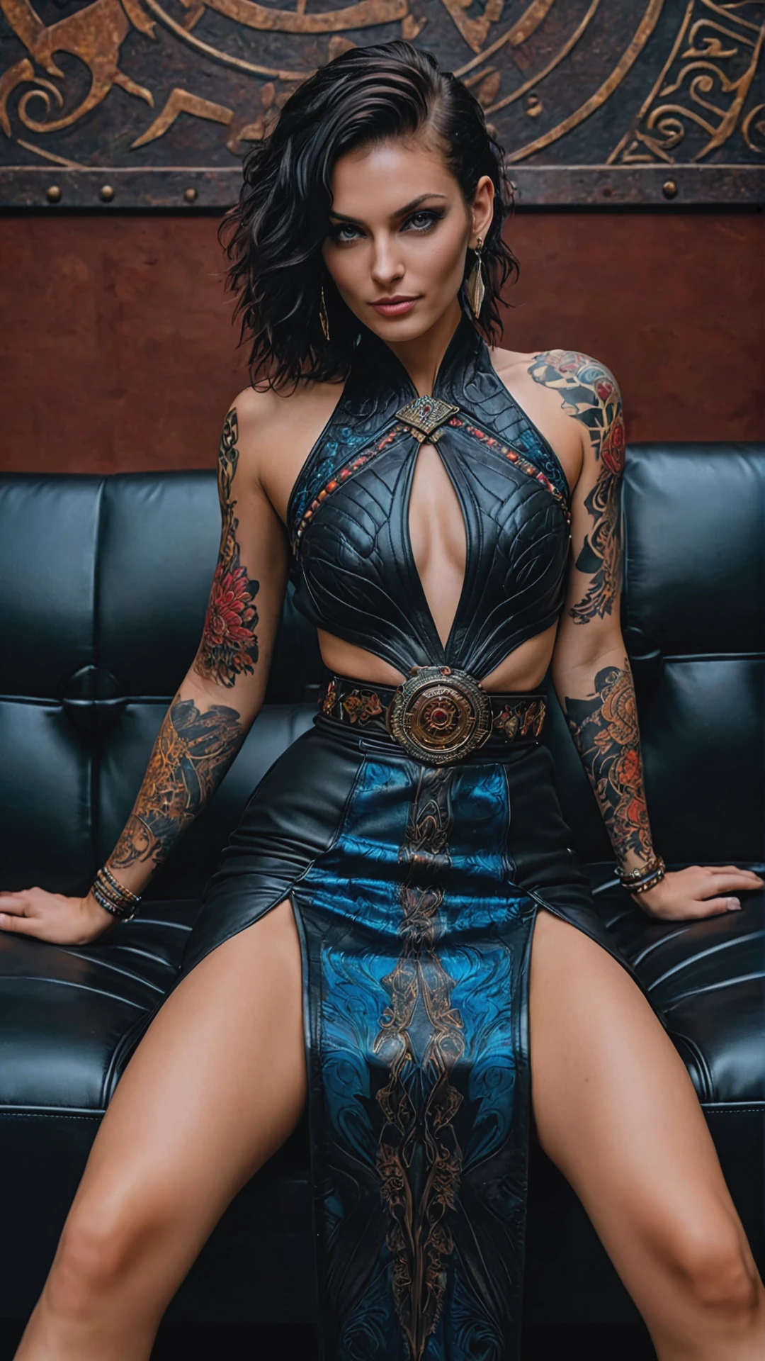 Full body shot, RAW photo of an yakuza female, sits on black sofa, in leather armor+long dress, in high heel shoes, leather ornamental belts, seductive smile, posing seductively, black hair, (Yakuza woman's whole upper body covered in native Yakuza tattoo:1.4), tattooed skin, Body Filled with Tattoos, gorgeous face, detailed symmetry eyes and iris, highly detailed natural hands and fingers, action, dynamic, (fractal:1.2), depth of field detailed club background, aesthetic, colorful, finely tuned detail, ultra sharp focus, intricate,  poster, epic, trending on artstation, vibrant, production cinematic masterpiece, ultra high quality model, by Unsplash, sharp focus, shallow depth of field detailed background, ultra (realistic:1.4), HDRi, 35-105 mm lens f/4 ISO 100, 16k <lora:add-detail-xl:1> <lora:FF-WoMM-XL-FA-v0208-TE:0.6>