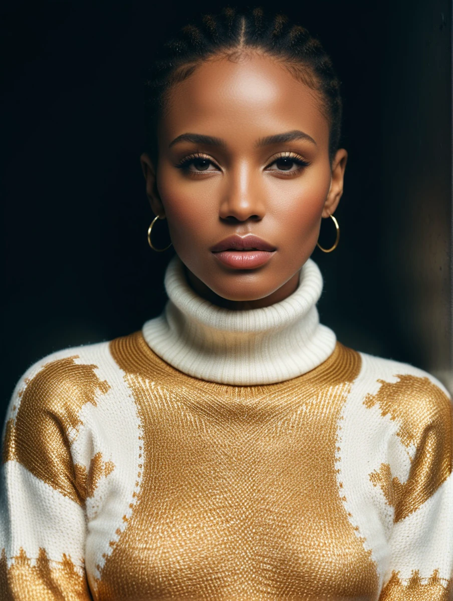 aborigines young woman woman, athletic,
wearing turtleneck sweater, styled by Tom Ford,
high fashion photography by terry richardson,
(upper body) dramatic pose,
dark studio
BREAK
(direct flash with softbox, harsh flash lighting:2), 4k, uhd, (film grain, bokeh, shallow depth of field, sharp focus, full sharp, vignette:1),
(cinematic film stock footage style, magazine cover), dutch angle, shot with arri alexa mini, subsurface scattering, f2, 35mm,
(miniature effect, expired film, warm tones, analog, light leaks, vintage photography, selective focus, highly detailed, vibrant, perspective control, tilt shift),
golden mean, rule of thirds, (symmetry), (maximalism, hyper detailed, highly detailed, volumetrics)
BREAK
(skin details, skin texture, pores),
detailed eyes, perfect eyes, detailed lips, detailed nose, detailed face, detailed hands, detailed fingers, perfect fingers, detailed fingernails
<lora:add-detail-xl:1>
<lora:xl_more_art-full_v1:0.5>
<lora:epi_noiseoffset2:0.5>