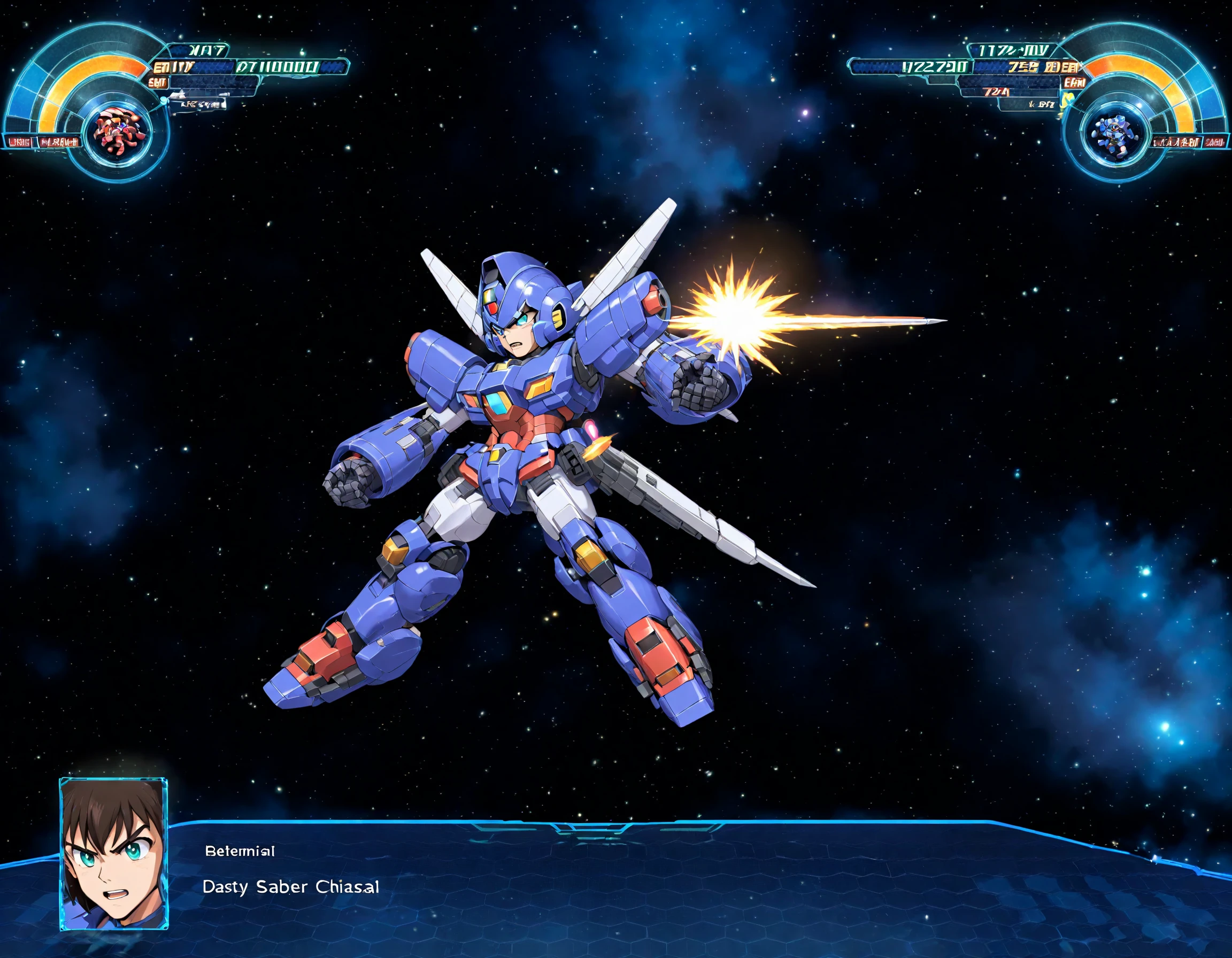 "0599", high quality,A strategic space combat scene set within a mecha game interface, where the legendary Mega Man, also known as Rockman, takes center stage. The HUD shines with high-quality visuals, displaying Mega Man in battle-ready stance, his armor polished and energy levels full, indicating his formidable power. As Rockman's animated and determined face replaces the pilot's portrait, the surrounding cosmos provides a serene backdrop, creating a stark contrast to the looming high-tech skirmish, reflecting the game's fusion of retro charm with modern strategy elements, <lora:rw99-000038:0.75>