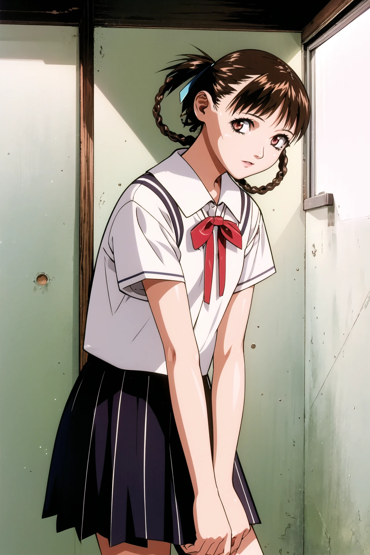 Sawa, 1girl, solo, brown hair, school uniform,ribbon, braid, looking at viewer, white background, hair ribbon, <lora:Yasuomi Umetsu:0.8>, <lora:Sawa:0.6>
