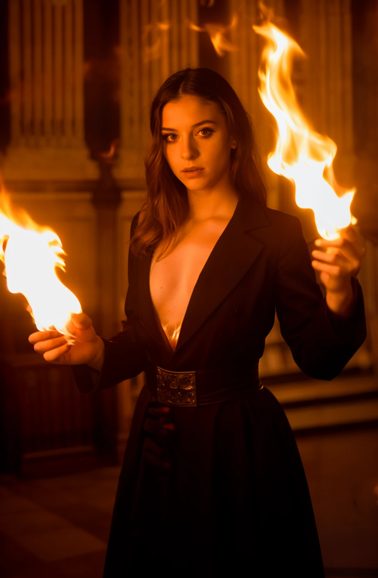 film grain,cinematic film still,Photo of a 20-year-old mysterious female magician with her hands burning in flames, old library,r/nsfwcosplay