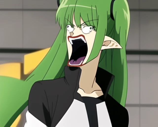 anime screencap,1girl,solo,green hair,pointy ears,shoopdawoop,yelling, <lora:Shoopdawoop15:1>