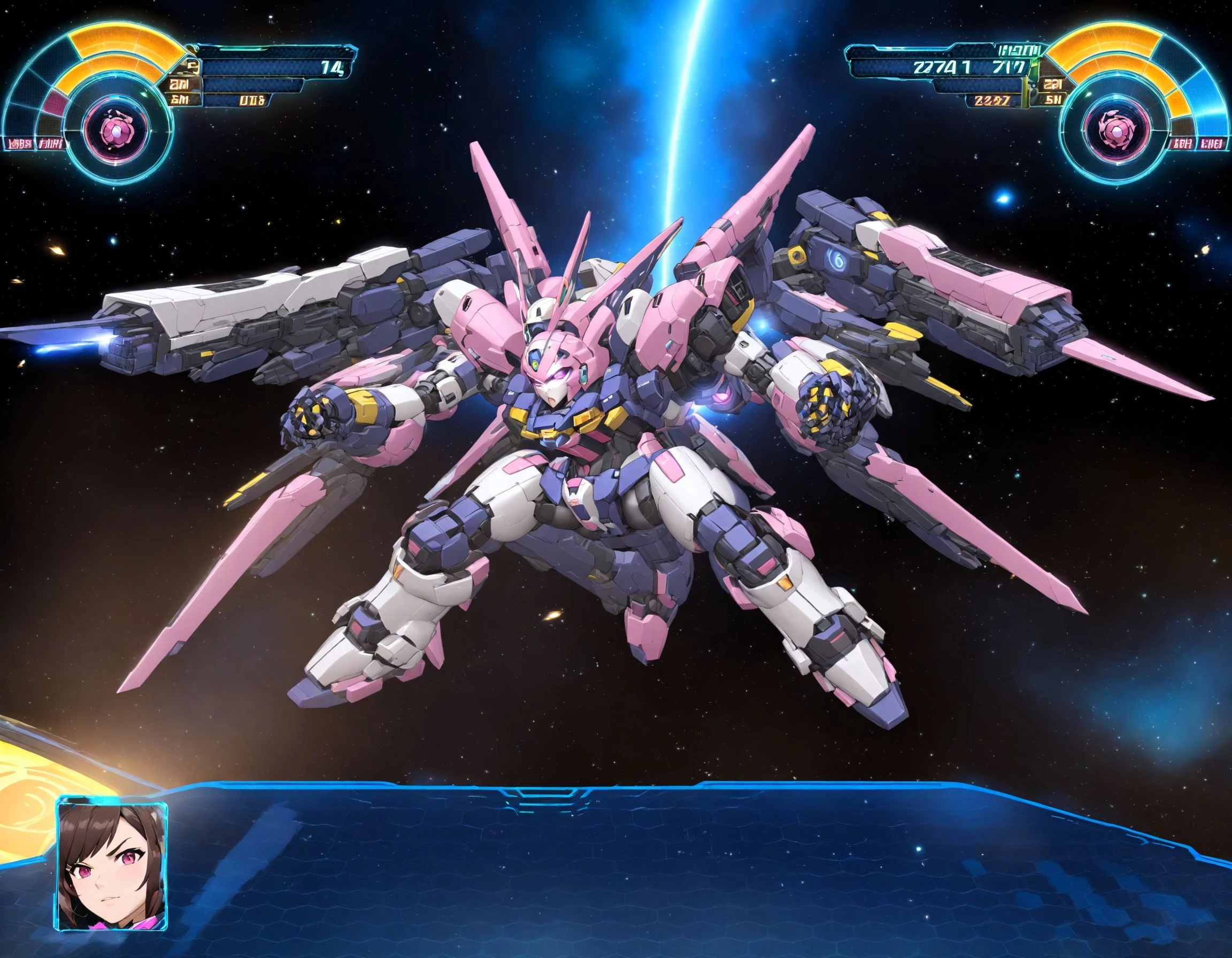 "0599", high quality, A strategic space combat scene in a mecha game interface, showcasing the iconic D.Va from Overwatch in place of the traditional mecha. The HUD displays D.Va's signature mech, rendered in meticulous detail and vibrant colors, ready for action with high HP and energy levels underscoring its formidable capabilities. The backdrop of the serene cosmos starkly contrasts with the impending high-tech battle, capturing the essence of Overwatch's dynamic combat within a strategic game setting,  <lora:rw99-000028:0.75>