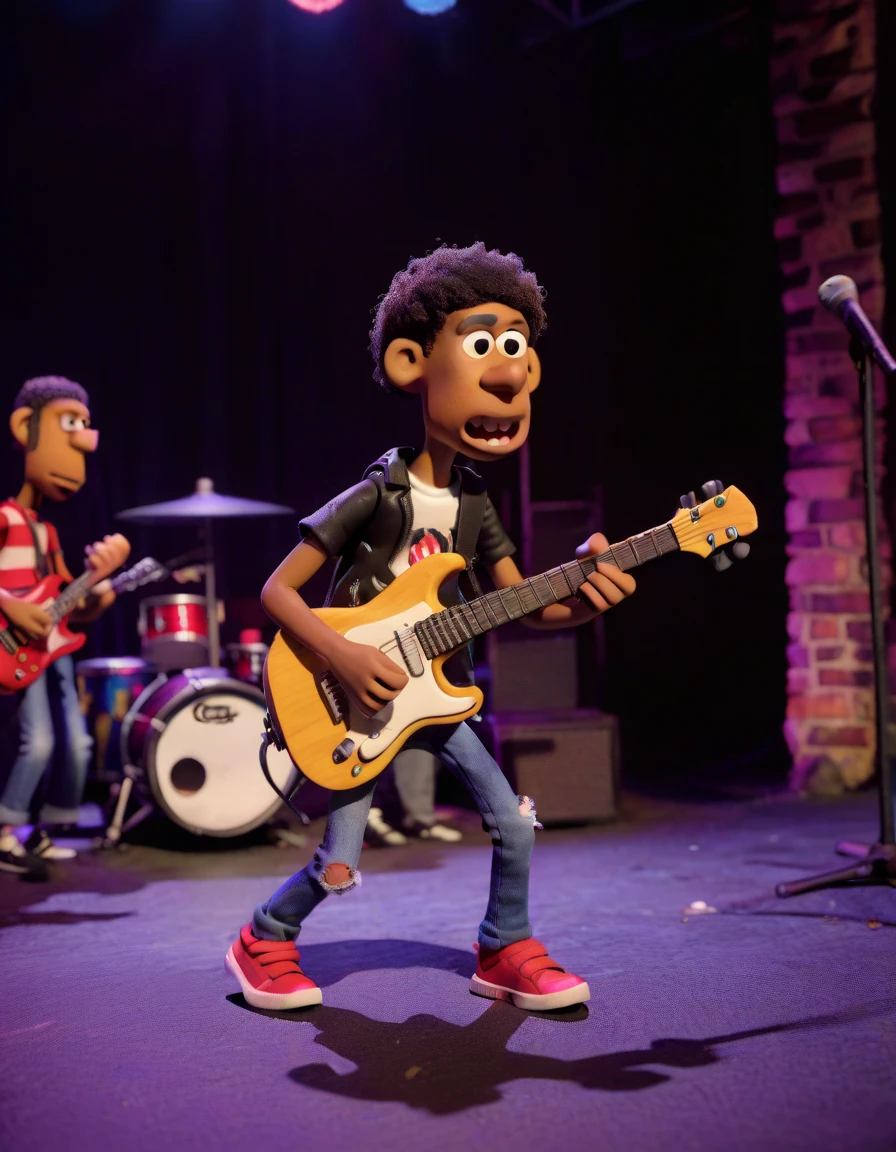 claymation, a Dominican playing guitar in a club, rock band, concert <lora:CLAYMATE_V2.03_:1>