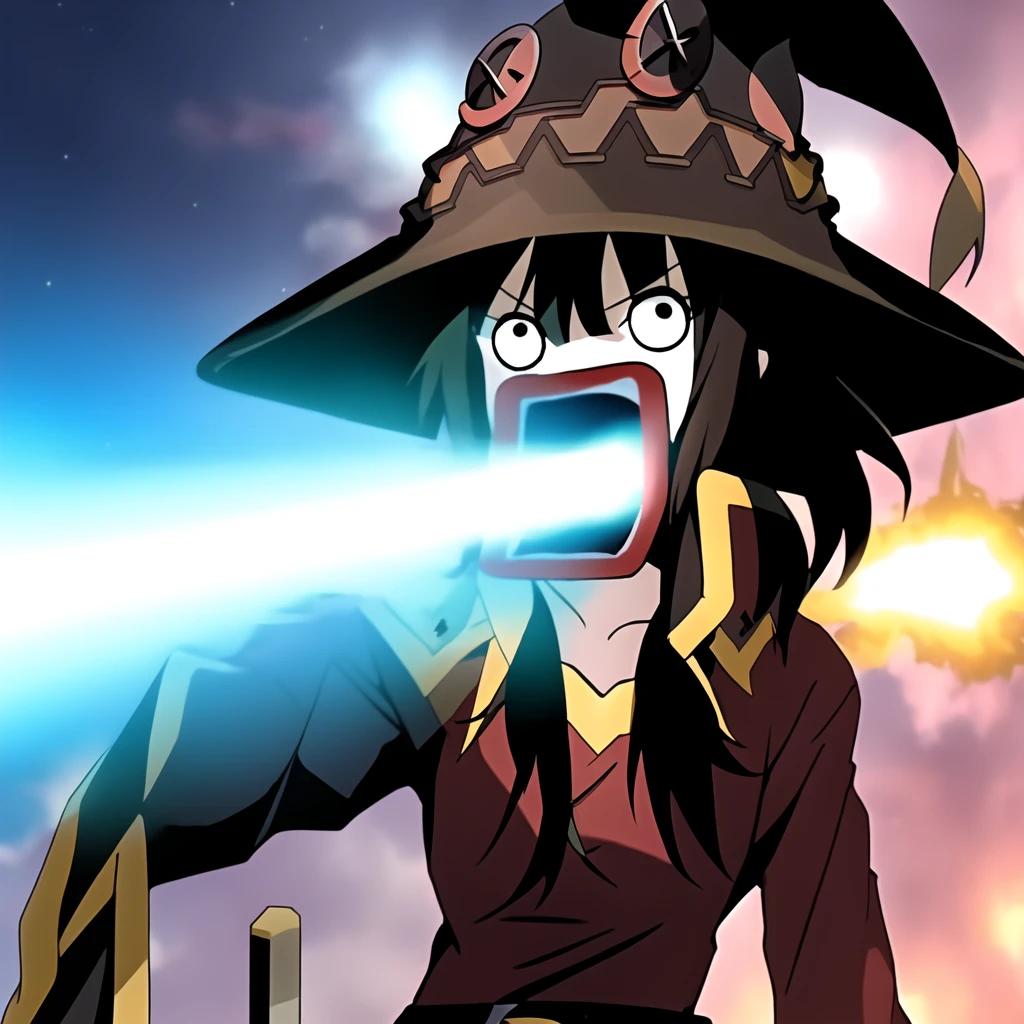 anime screencap,shoopdawoop, megumin, hat,laser, <lora:Shoopdawoop15:1>