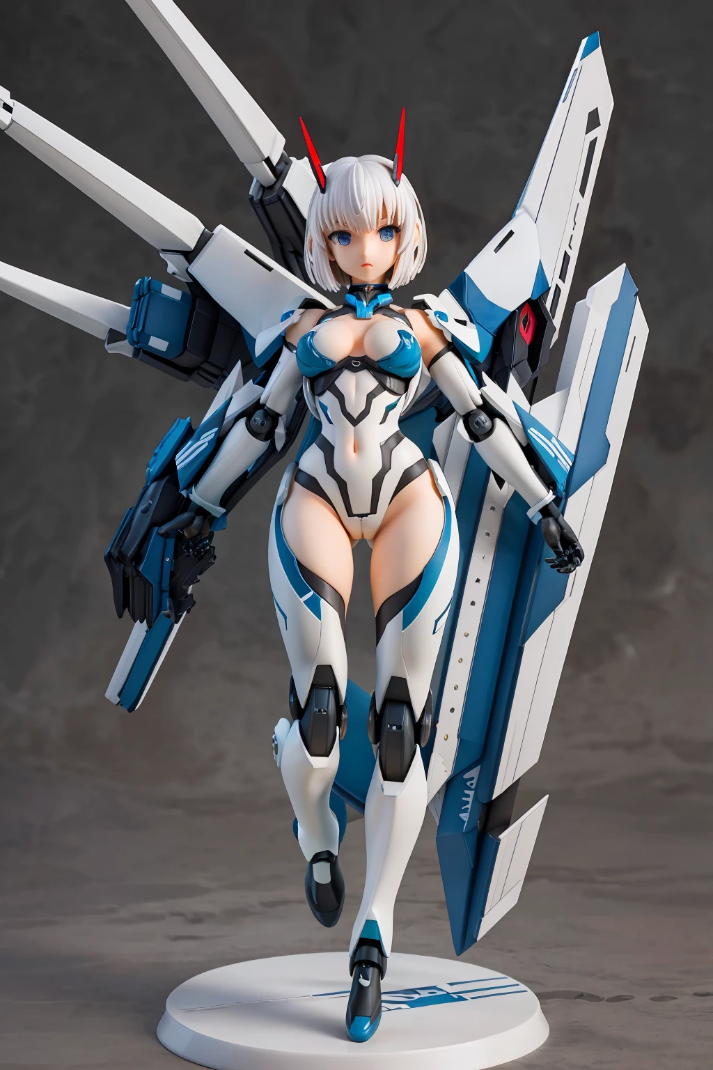 anime, 1girl, Sci-Fi, sci-fi background, cyborg, planet, (((mecha))) suit, (((hanger)) background), white hair, short hair, white suit, ((mecha)) large weapon unit behind both shoulders