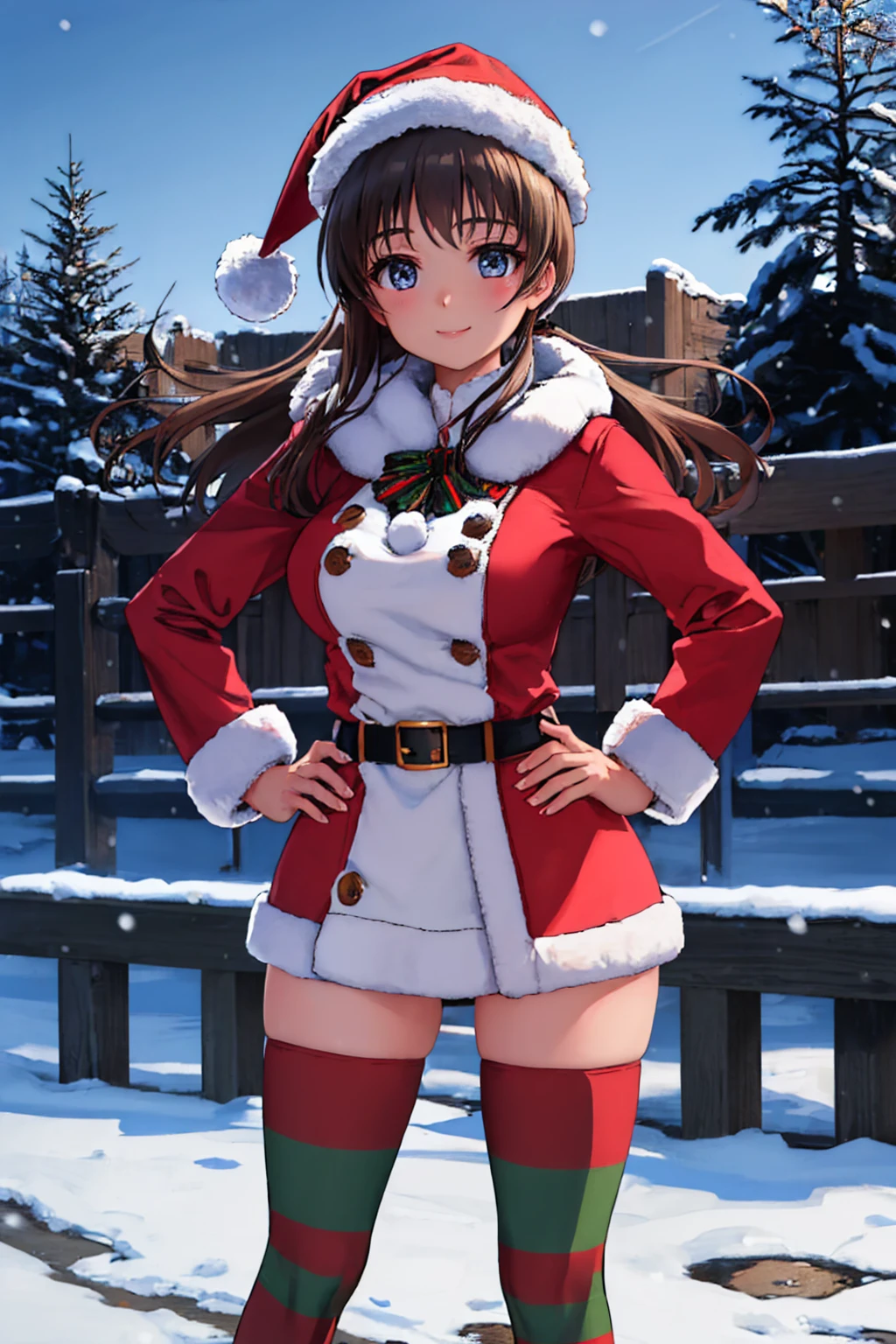 (masterpiece, best quality:1.2), snowing, outdoors, solo, 1girl, smile, looking at viewer, hands on hips, santa hat, fur-trimmed dress, striped thighhighs <lora:attire_stripedthighhighs_gr:1>