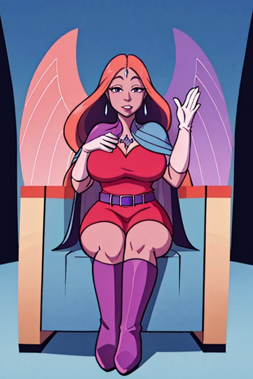 solo, cartoon,  <lora:QueenAngella:0.8> mature woman, wings, long hair, large breasts, blue cape, white gloves, purple boots, earrings,  white forehead jewel, pink top, purple belt, looking at viewer, sitting on a throne, SFW, lips, <lora:Raiou_Style:0.8> big lips, thick lips,, (best quality, perfect quality),