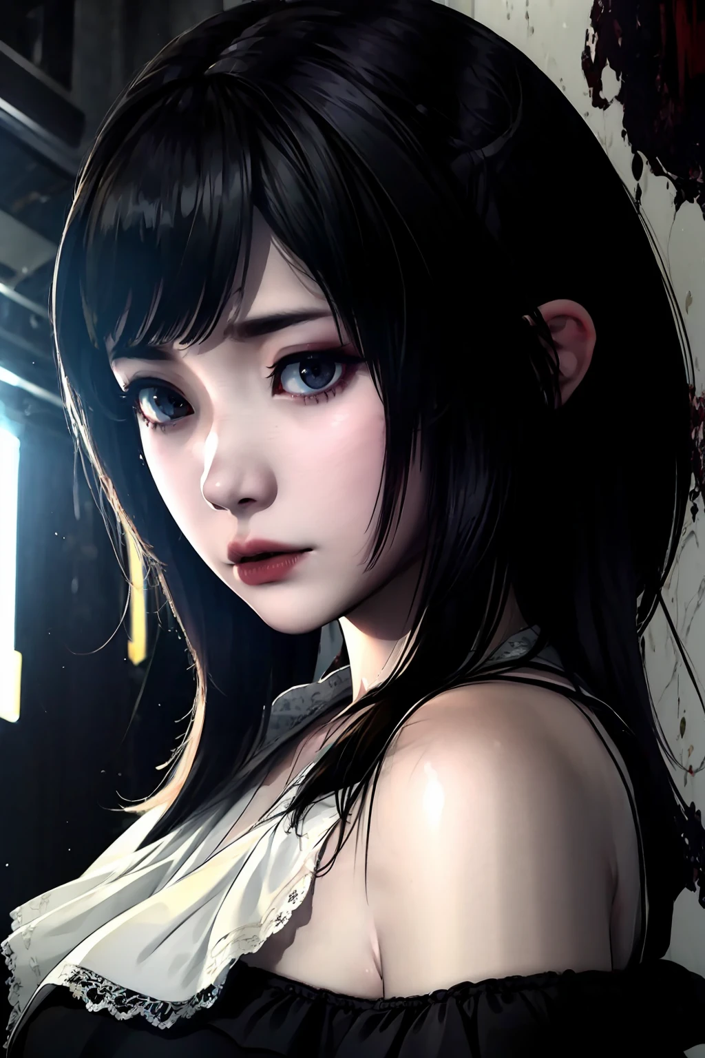 (extremely detailed CG unity 8k wallpaper), (best quality), (ultra-detailed), 1girl,  <lora:horrorp:1>, horror aesthetic, dark aesthetic, emo, black hair, portrait, horrorp, blouse, pale skin, asian, dress