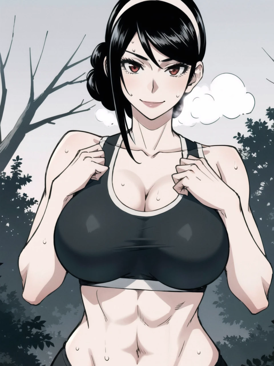<lora:IsekaiFurin_MartialArtist:0.7>,MarArtistA,black hair,side bang, red eyes,hair behind ears, low hair bun, hair band,sports bra,cleavage,smile,sweat,,maturefemale,(emotionless:0), hands down along her body, <lora:age_slider_v2:1>, <lora:add_detail:0.0> , smile , background is park road, background ispark road with trees ,(breasts out:0),(nipples:0),detailed eyes