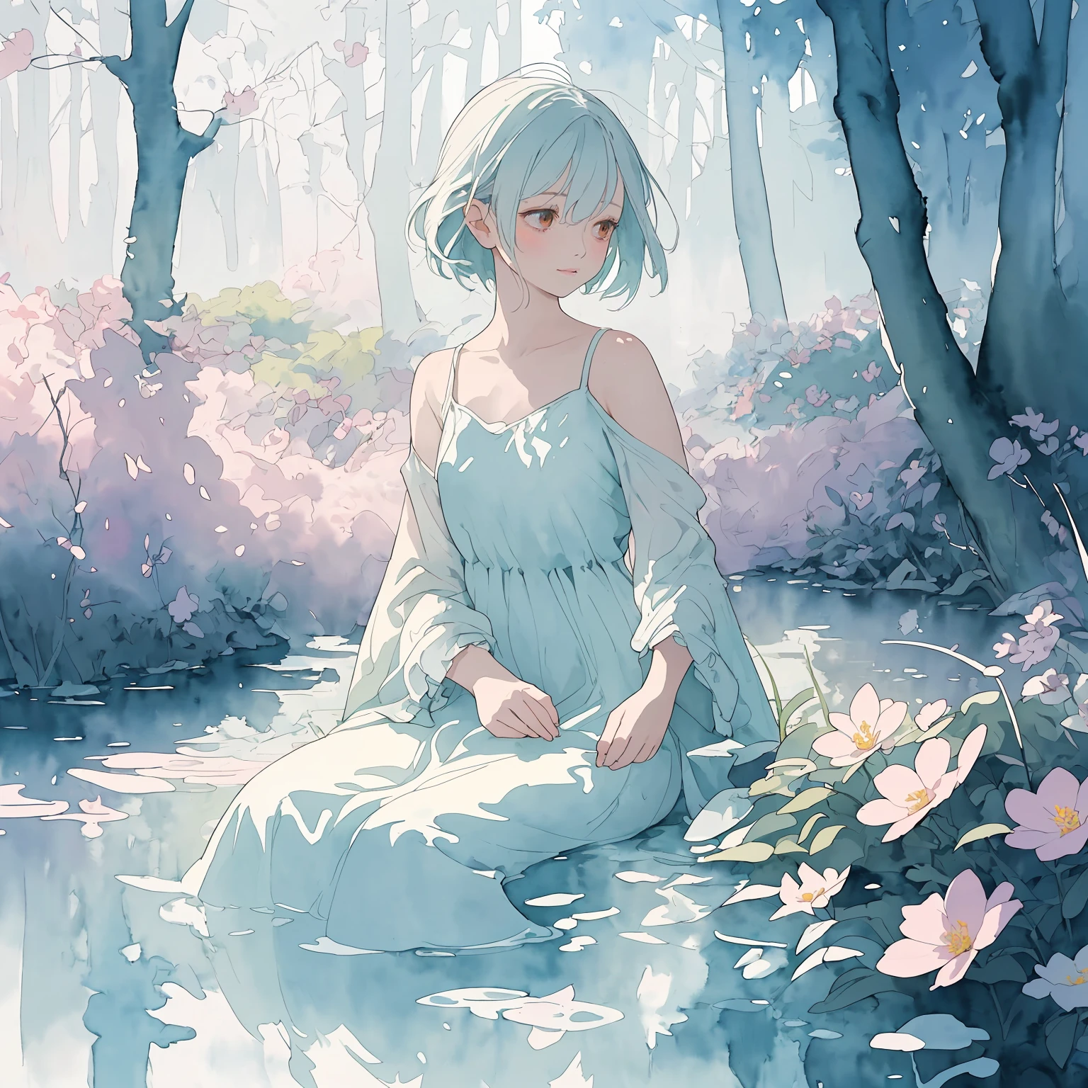 Title: "Whimsical Watercolors: The Serene Elegance of a Woman in a Pastel Dreamscape"
ArtStyle: Watercolor Painting Style Drawing
- Texture: Soft and fluid, characteristic of watercolor techniques, with washes of color and gentle gradations
- Color Palette: Delicate and dreamy pastels, with an emphasis on light blues, pinks, lavenders, and soft greens
SceneDescription:
- Subject: A woman portrayed as an embodiment of grace and tranquility within a watercolor landscape
- Appearance: Softly defined features, with a harmonious blend of colors creating a gentle, ethereal look
- Expression: A calm, reflective smile, suggesting a deep inner peace and contentment
- Attire: A flowing dress with subtle, watercolor hues, appearing as if the colors are melting into the surrounding landscape
- Action: A relaxed, graceful pose, perhaps sitting by a watercolor-rendered river or walking through a field of softly painted flowers
- Setting: A picturesque, watercolor environment
- Elements: Dreamlike interpretations of nature, such as a blurry field of flowers, a gentle stream, or a distant, misty forest
- Details: Soft splashes of color and undefined shapes that merge into one another, typical of watercolor landscapes
- Lighting: Soft, diffused light that enhances the watercolor effect, creating a warm, gentle ambiance
- Additional Details:
- Symbolic Elements: Subtle inclusions like a sketchbook, a feather, or a softly glowing lantern, adding layers of meaning to the scene
- Atmospheric Quality: Hints of color bleeding or watercolor drips, emphasizing the artistic medium
Mood: A serene and enchanting portrayal, capturing the quiet beauty and soothing essence of a woman in a whimsical, pastel watercolor world