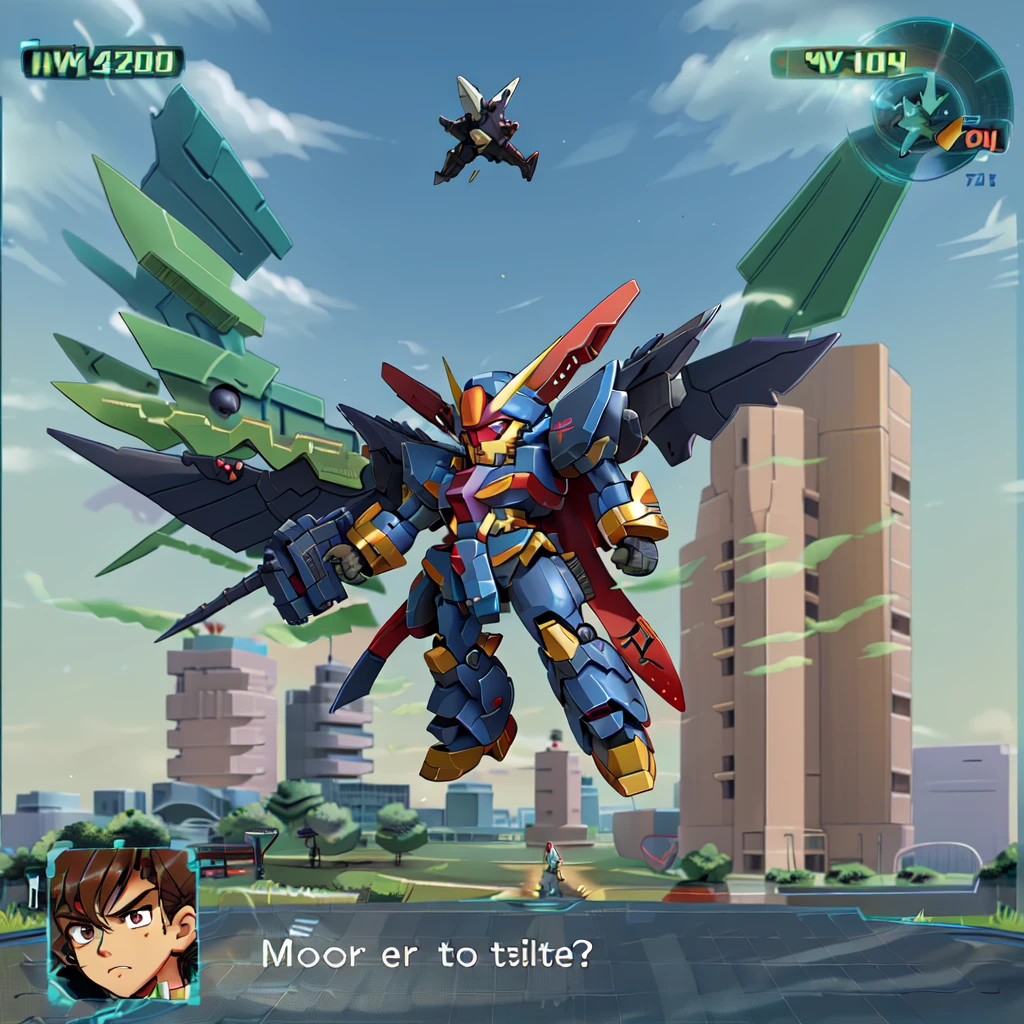 <lora:robot15:0.75>,a video game with a robot flying over a field, srw99