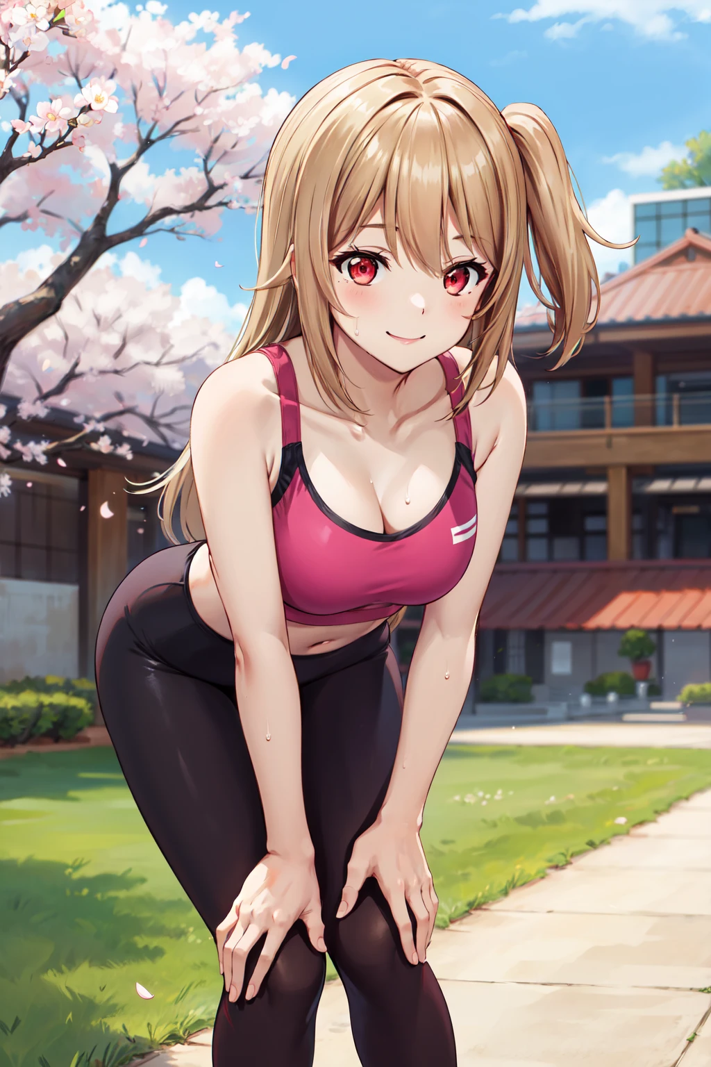((4K, masterpiece, highest quality)), 1 girl, Light brown SHRT hair, red eyes, center parted hair, medium breasts, cute, blush, running, white sports bra, morning, garden, Sweat