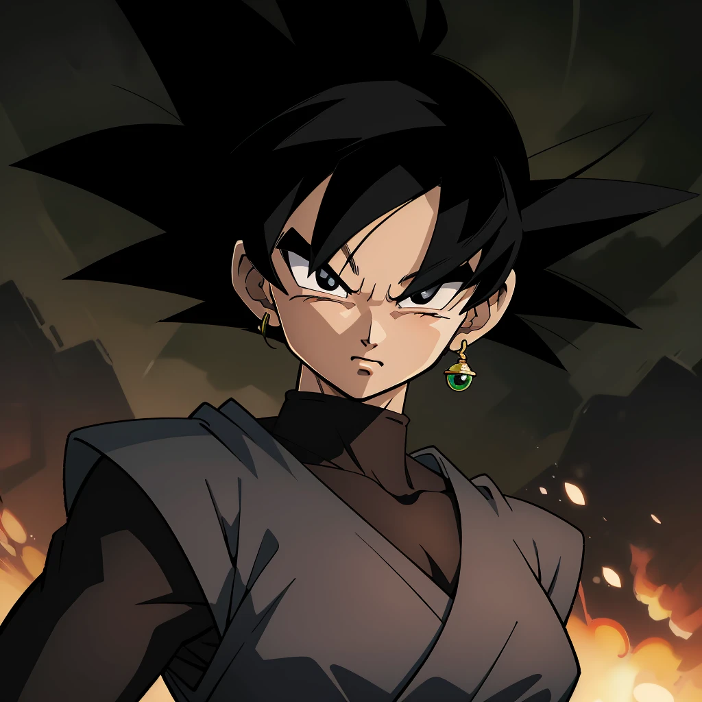 Best_QualityPos, RAW photo, intricate details, best quality, 8k uhd, soft lighting, 1girl, solo, black eyes, black hair, spiked hair, single earring, dougi <lora:Goku_Black:0.7>