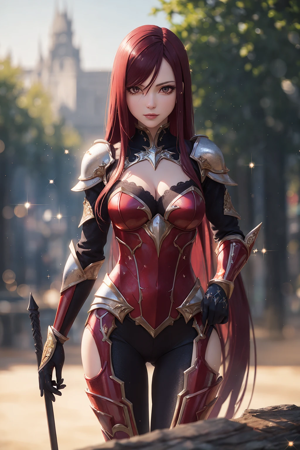 a beautiful Erza Scarlet, armor outfit,
seductive expression, half body, looking at viewer, bokeh, nature, (sparkling:1.75), masterpiece, amazing intricate finely detailed, volumetric lighting, ultra-HD, UHD, 8K, 16K