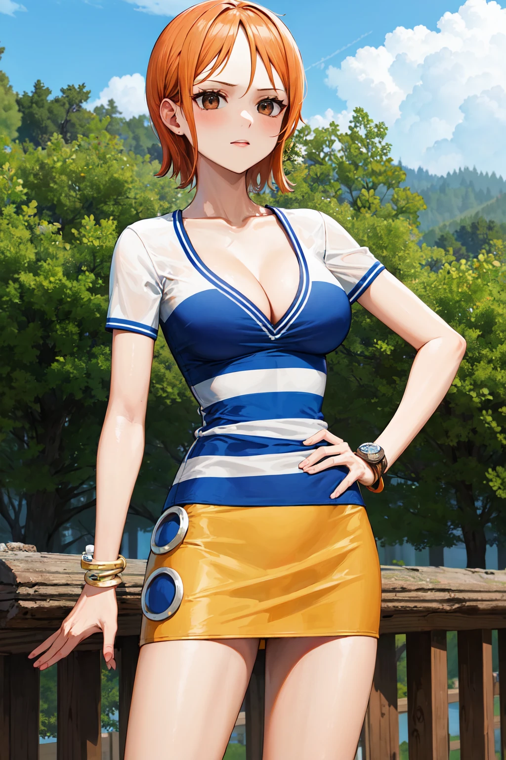 masterpiece, best quality, highres, nami (one piece), short hair, orange hair, brown eyes, cleavage, striped shirt, white shirt, short sleeves, bracelet, miniskirt, yellow skirt, <lora:nami_(one_piece)_v1:0.8>, standing, cowboy shot, outdoors,