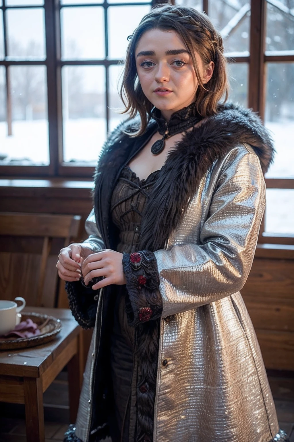 maisiewilliams,a woman wearing medieval fur clothes, wolf fur, snow,( blooming garden:0.7), (rim lighting:0.5) <lora:maisiewilliams:1>
