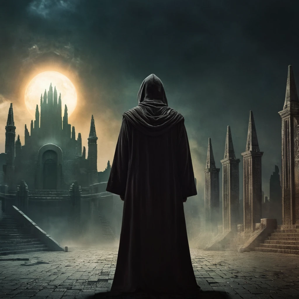 Dark Fantasy Art of <lora:carcosa city:1.5>
In an ancient and mysterious city a person in a robe standing in front of a sun carcosa city style, dark, moody, dark fantasy style