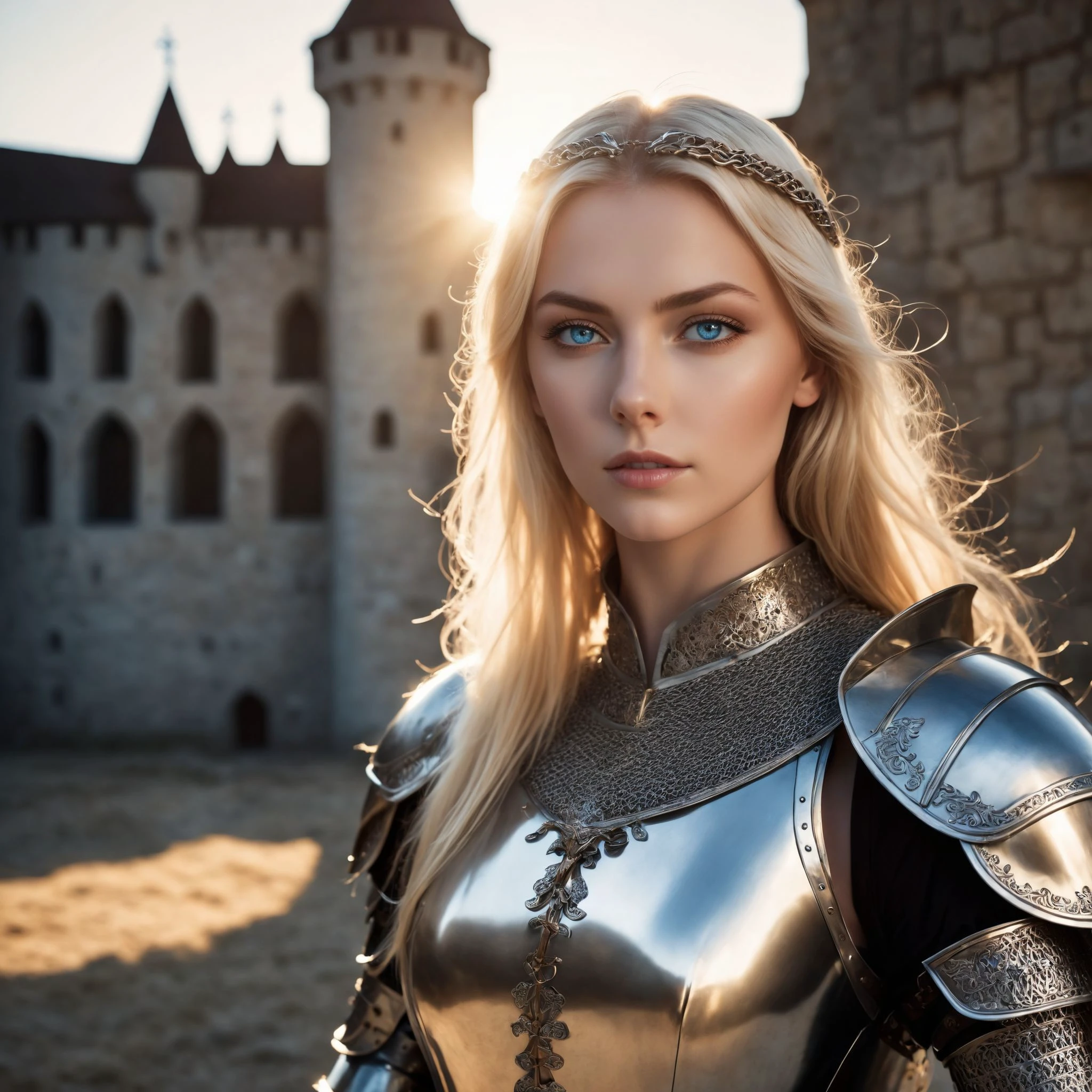 cinematic photo masterpiece), (extremely intricate:1.3), (realistic), portrait of a girl, the most beautiful blonde girl in the world, (blue eyes), (medieval armor), metal reflections, upper body, outdoors, intense sunlight, far away castle, professional photograph of a stunning woman detailed, sharp focus, dramatic, award winning, cinematic lighting, , volumetrics dtx, (film grain, blurry background, blurry foreground, bokeh, depth of field, sunset, motion blur:1.3), chainmail UnrealisticDream AS- BadDream. . 35mm photograph, film, bokeh, professional, 4k, highly detailed