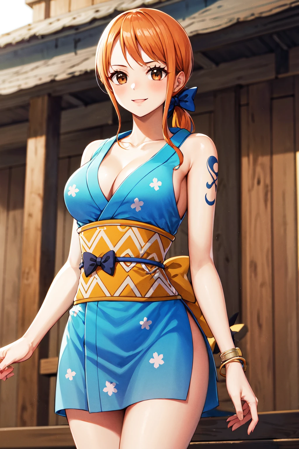 masterpiece, best quality, highres, nami (one piece), long hair, orange hair, low ponytail, hair bow, blue bow, brown eyes, collarbone, cleavage, short kimono, blue kimono, sleeveless, bare arms, bracelet, sash, obi, <lora:nami_(one_piece)_v1:0.8>, standing, cowboy shot, smile, outdoors