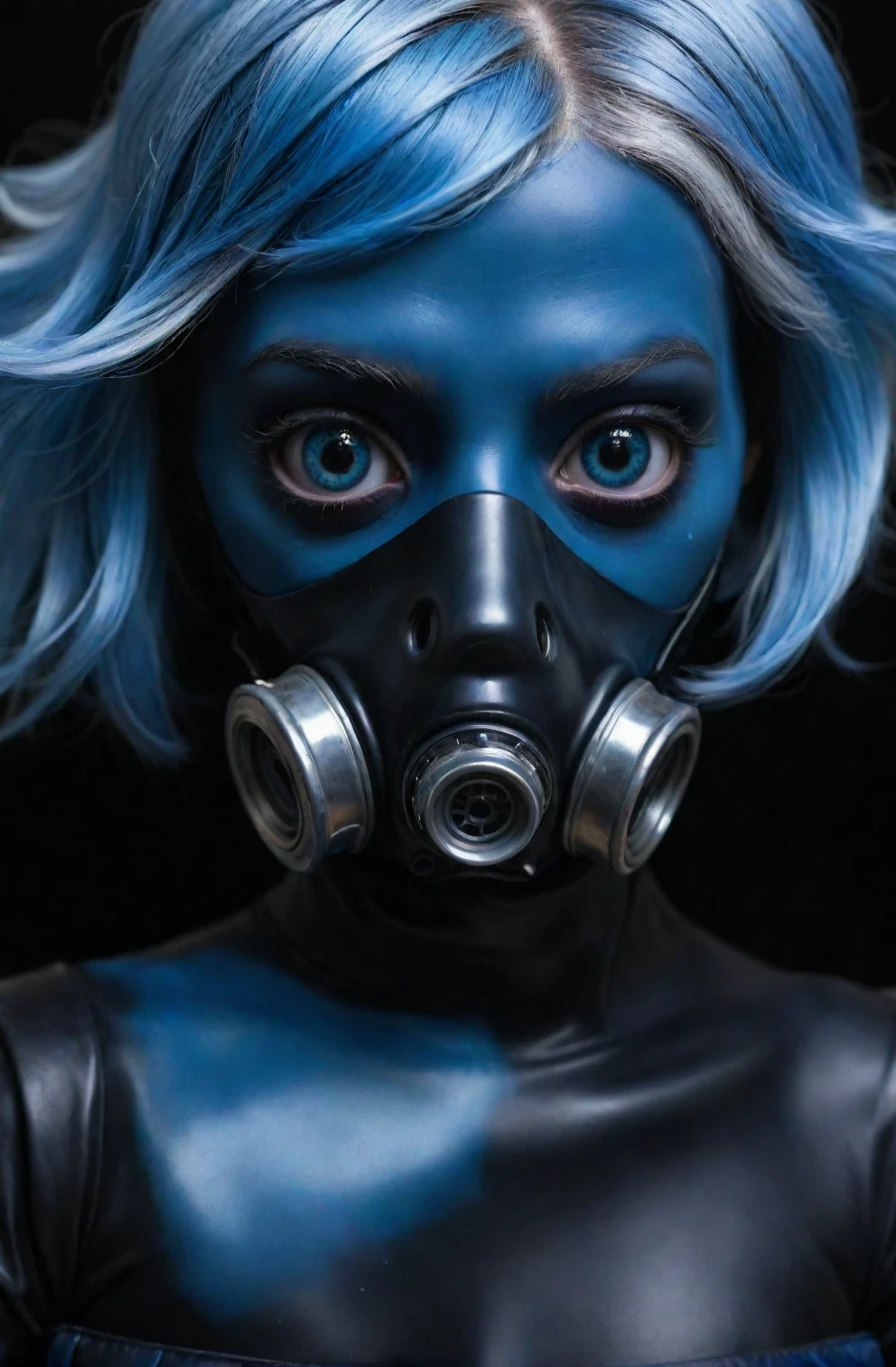 close up, a hyperdetailed hyperrealist maximalist photograph of an abstract art surreal girl in a blue dress with a gasmask on in black leather and rubber with glass eyes, the girl has blue hair, maximalist, an image of immaculate quality and with stunning detail in high definition 8K and beyond