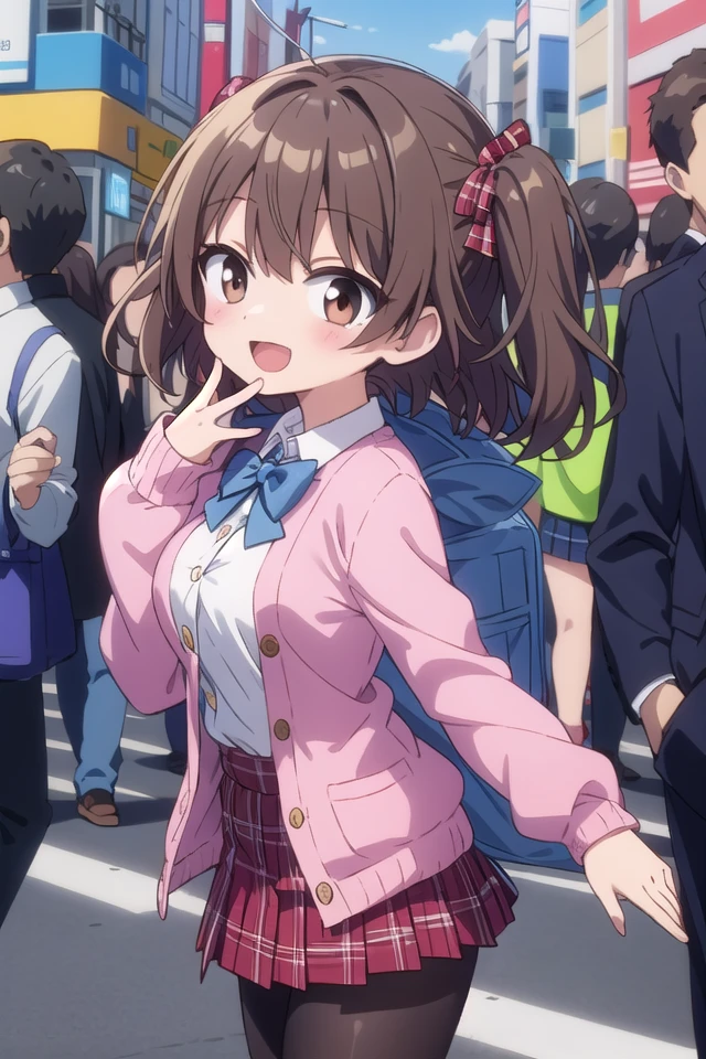 insanely detailed, absurdres, ultra-highres, ultra-detailed, best quality,
1girl, solo, nice hands, perfect hands,
BREAK
(School Uniforms:1.2), (pink cardigan is fit body:1.4), ((do up a buttons, not loose):1.5), ((long sleeve, sleeves past wrists):1.2), (inner wear is white collared-shirt:1.3), (red plaid-pattern bow:1.3), (red plaid-pattern pleated skirt:1.3), ((dark-brown pantyhose, loafers):1.2) ,
BREAK
happy smile, laugh, open mouth, standing,
from side,
cute pose, cowboy shot,
BREAK
slender, kawaii, perfect symmetrical face, ultra cute girl, ultra cute face, ultra detailed eyes, ultra detailed hair, ultra cute, ultra beautiful,
BREAK
in harajuku, shibuya, tokyo, street, crowd, cityscape,
BREAK
medium large breasts,
(brown hair, brown eyes), hime cut
