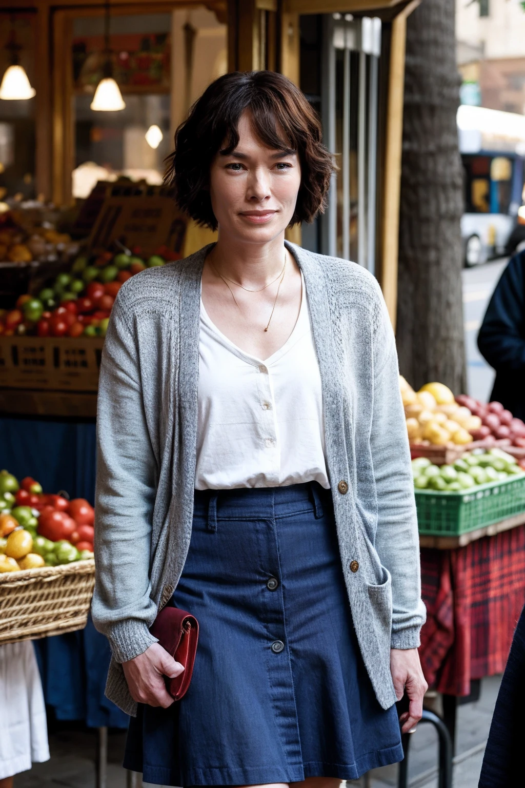 lenaheadey,a woman, wearing cardigan and A-line skirt,( street market:0.7), (god rays:0.3) <lora:lenaheadey-000006:0.9>