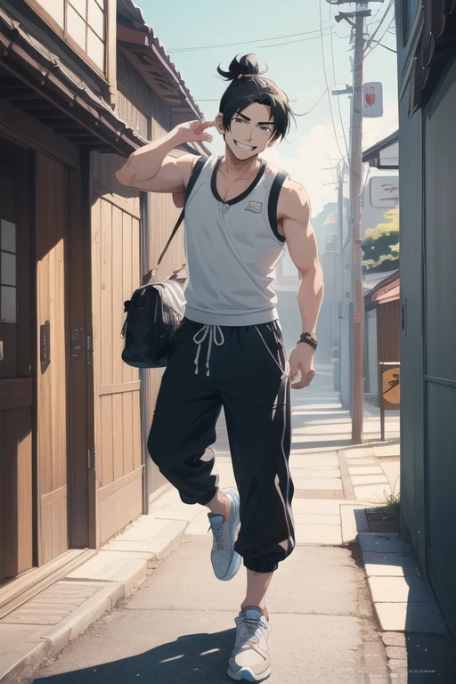 ((masterpiece)),(illustration),best quality,delicate details,refined rendering,((Menga style)),(((Toon style))),8k,toon style,((Japan anime)),1boy,male focus,solo,handsome,Cool expressions,Stylish Pose,portrait,soft lighting,front light,volumetric lighting,
Athletic vest,Casual pants,Sneakers,Top Knot Undercut,Grin,street,