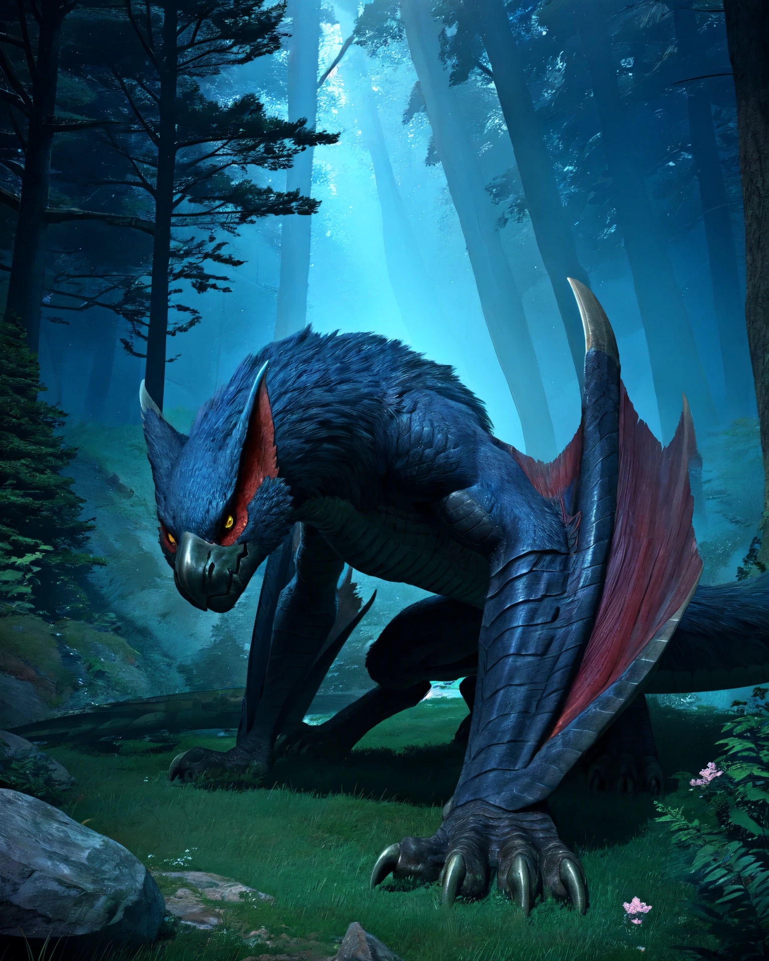 feral,nargacuga,solo,hi res,soft shading,good anatomy,cinematic lighting,detailed background,tail,yellow eyes,forest,slit pupils,winged arms,hdr,4k,realistic,hands on ground,three-quarter view,