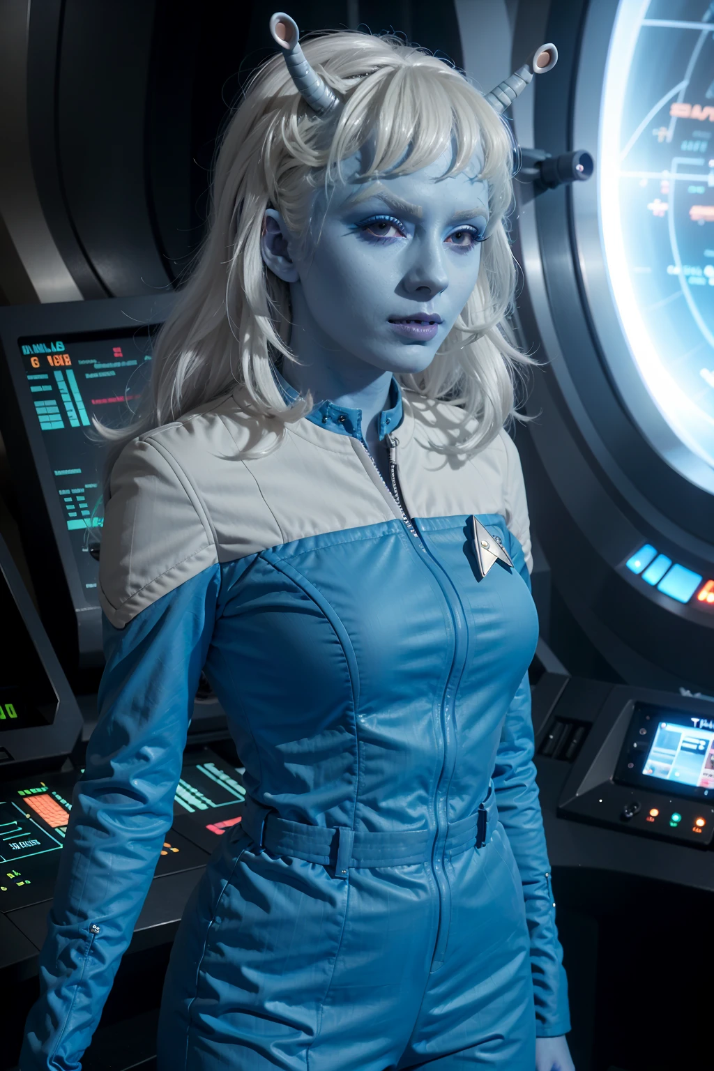 andorian woman, blue skin, white hair, antennae, jumpsuit, sci-fi starship background,