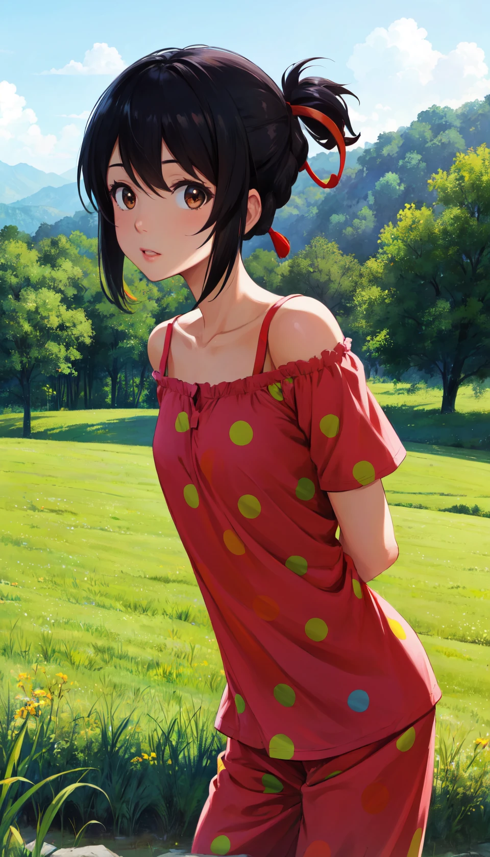 masterpiece, best quality, outdoors, grass, field, forest,
miyamizu mitsuha, 1girl, solo, looking at viewer, cowboy shot, black hair, hair between eyes, brown eyes, short hair, ribbon, hair ribbon, red ribbon, bare shoulders, collarbone, short sleeves, off shoulder, polka dot, polka dot shirt, pajamas, polka dot pajamas, hands behind back,
<lora:LoRA_Miyamizu:1>,