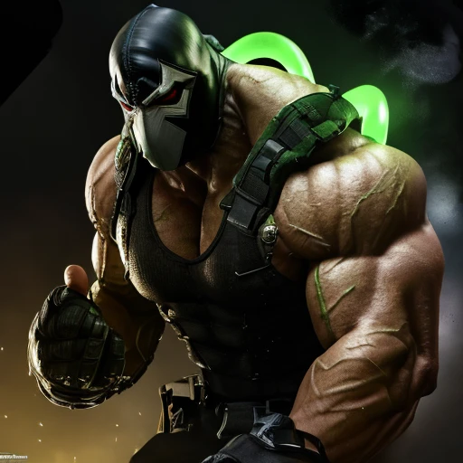 <lora:BaneDcComicsLora:0.9> green tubes on the arm and head, black, white, mask, green, thick, veins, extremely, large, muscular, man, red, glowing, eyes, gloves, tank, top, pants, boots, armor(Masterpiece:1.3) (best quality:1.2) (high quality:1.1), light particles,real light and shadow, , 4k textures, soft cinematic light, cinematic look, insane details, hyperdetailed, Highly detailed, ultra realistic <lora:real_slider:5>