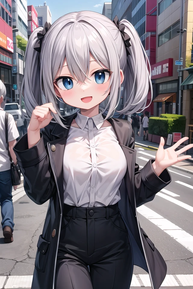 insanely detailed, absurdres, ultra-highres, ultra-detailed, best quality,
1girl, solo, nice hands, perfect hands,
BREAK
maxi coat, long sleeve shirt, chino pants
BREAK
happy smile, laugh, open mouth, standing,
45 angle,
cute pose, cowboy shot,
BREAK
slender, kawaii, perfect symmetrical face, ultra cute girl, ultra cute face, ultra detailed eyes, ultra detailed hair, ultra cute, ultra beautiful,
BREAK
in harajuku, shibuya, tokyo, street, crowd, cityscape,
BREAK
medium large breasts,
(grey hair, blue eyes), hair between eyes