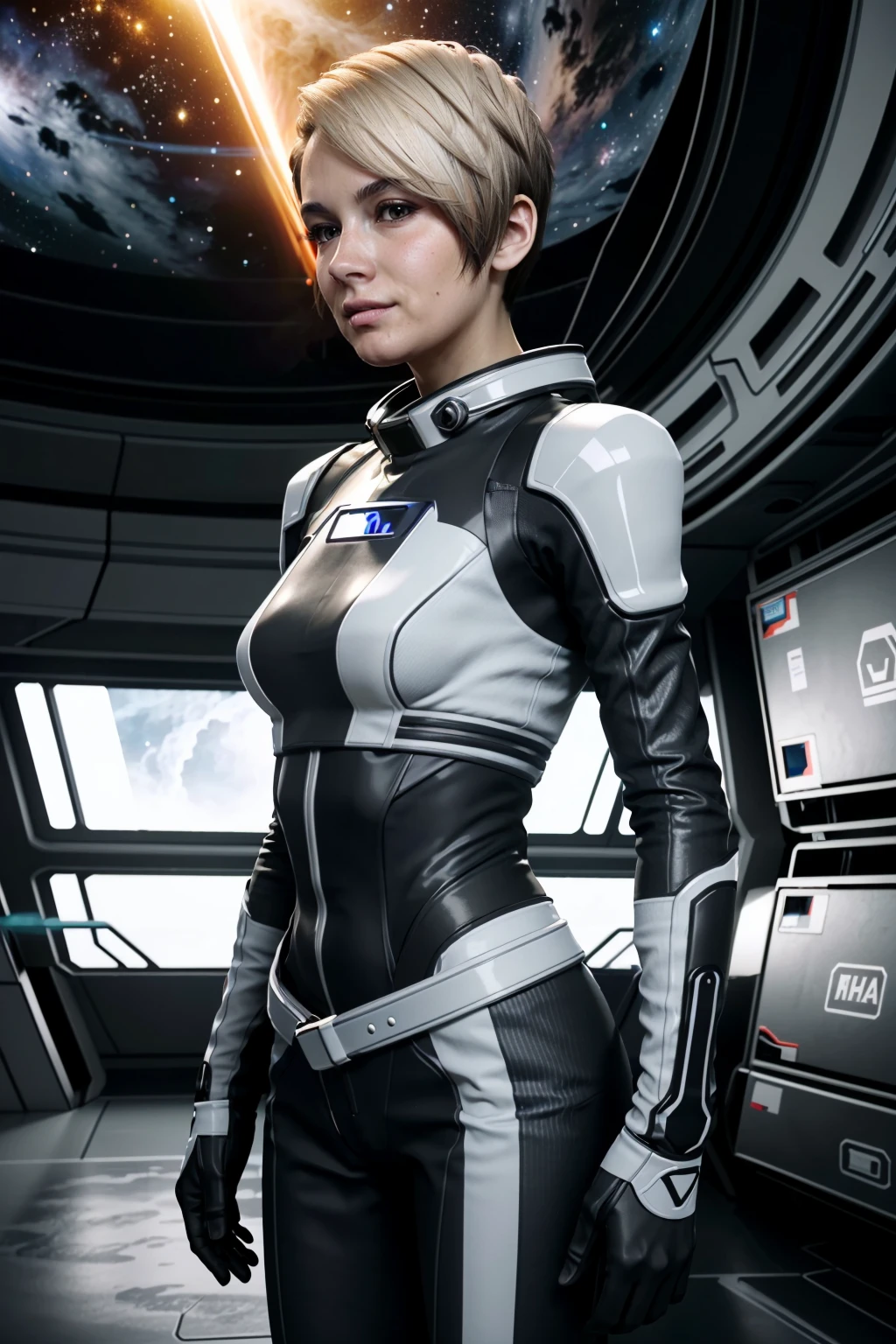 ((ultra detailed, masterpiece, best quality))
<lora:MEACora:0.8>
MEACora, 1girl, solo, short hair, blonde hair, brown eyes, inside a futuristic space station, stars and space background, standing straight with hands clasped behind