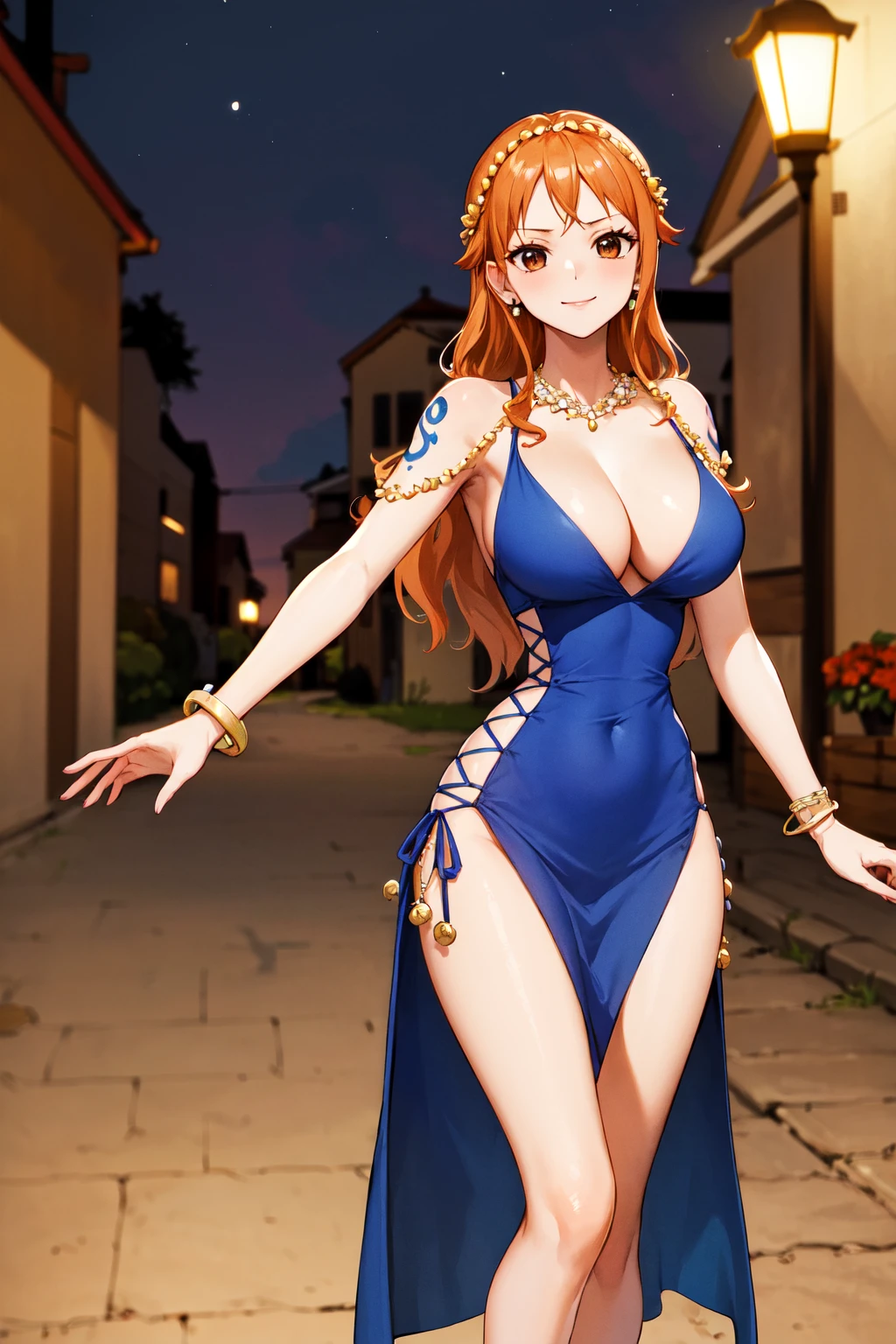 masterpiece, best quality, highres, nami (one piece), long hair, orange hair, (hair ornament:1.1), brown eyes, (jewelry:1.1), earrings, bare shoulders, shoulder tattoo, cleavage, blue dress, sleeveless, bracelet, pelvic curtain, side slit, <lora:nami_(one_piece)_v1:0.8>, night, outdoors, street, standing, smile, outstretched arms,