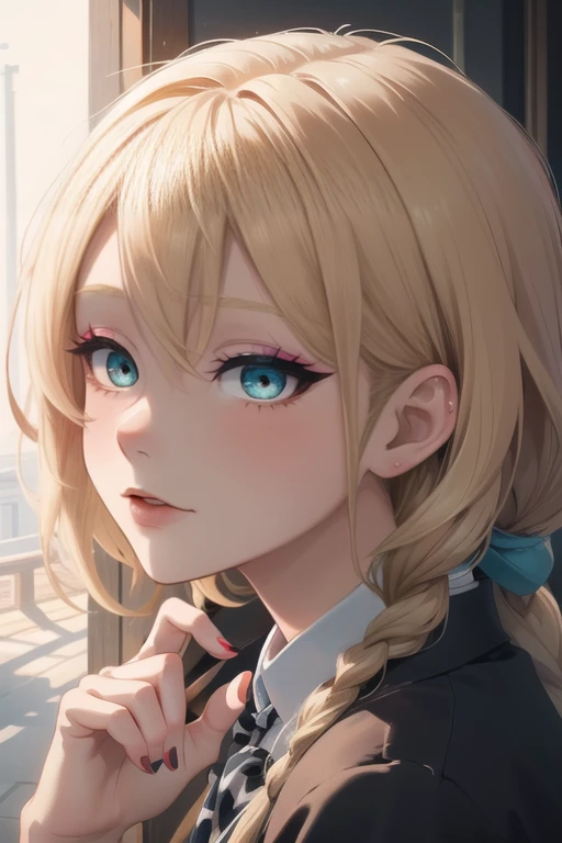 ((masterpiece)),(illustration),best quality,delicate details,refined rendering,((Menga style)),(((Toon style))),8k,toon style,((Japan anime)),1girl,solo,Stylish Pose,portrait,soft lighting,front light,volumetric lighting,black eyes,aqua eyes,eyeliner,eyelashes,eyeshadow,lips,random_color_lipstick,random_color_nail_polish,makeup,dreadlocks,hair over eyes,punk head,Ash blonde Hair,school uniform,Happy Valentine,