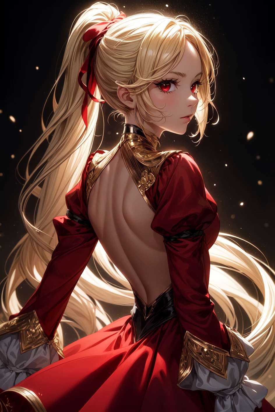 (masterpiece, best quality:1.2),(face focus:1.4),back focus,from behind,blonde hair,long hair,high ponytail,long ponytail,red eyes,long eyelashes,thick eyelashes,looking at viewer,red dress,backless dress,gold trim dress,puffy sleeves,juliet sleeves,long sleeves,red sleeves,(black background:1.2),light particles,blurry,bloom,shiny hair,<lora:add_detail:0.5>,