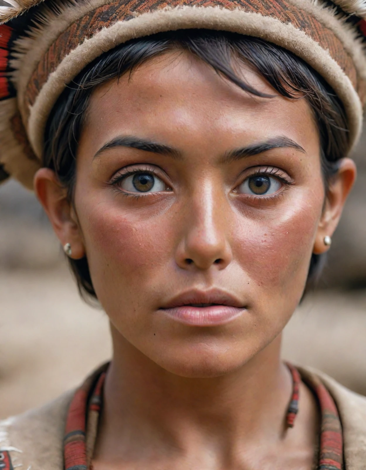 close up, analog documentary photo, eye contact with a 30-year-old woman warrior with short hair in a peruvian costume, highly detailed skin, indigenous, skin details and blemishes and freckles and wrinkles, masterpiece, best quality