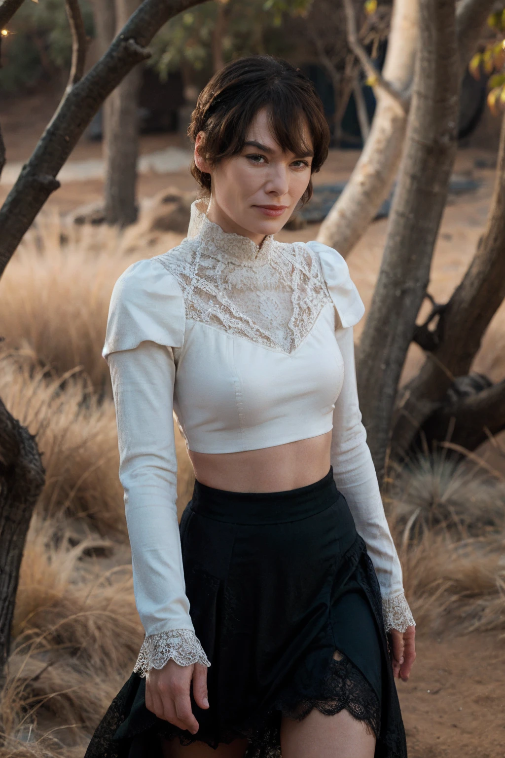 lenaheadey,a woman, wearing lace top and velvet skirt,( desert:0.7), (low key lighting:0.5) <lora:lenaheadey:1>