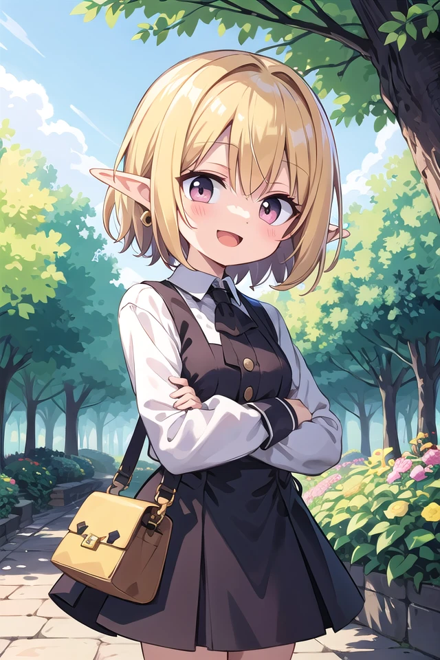 (cleavage:-1), (cat ear:-1), insanely detailed, absurdres, ultra-highres, ultra-detailed, best quality,
1girl, solo, nice hands, perfect hands,
BREAK
(wearing houndstooth pattern dress),
happy smile, laugh, open mouth,
standing,crossed arms,
from front, cowboy shot,
BREAK
slender, kawaii, perfect symmetrical face, ultra cute girl, ultra cute face, ultra detailed eyes, ultra detailed hair, ultra cute, ultra beautiful,
BREAK
in forest,
BREAK
elf girl, blonde hair, elf ear, pink eyes, medium breasts
