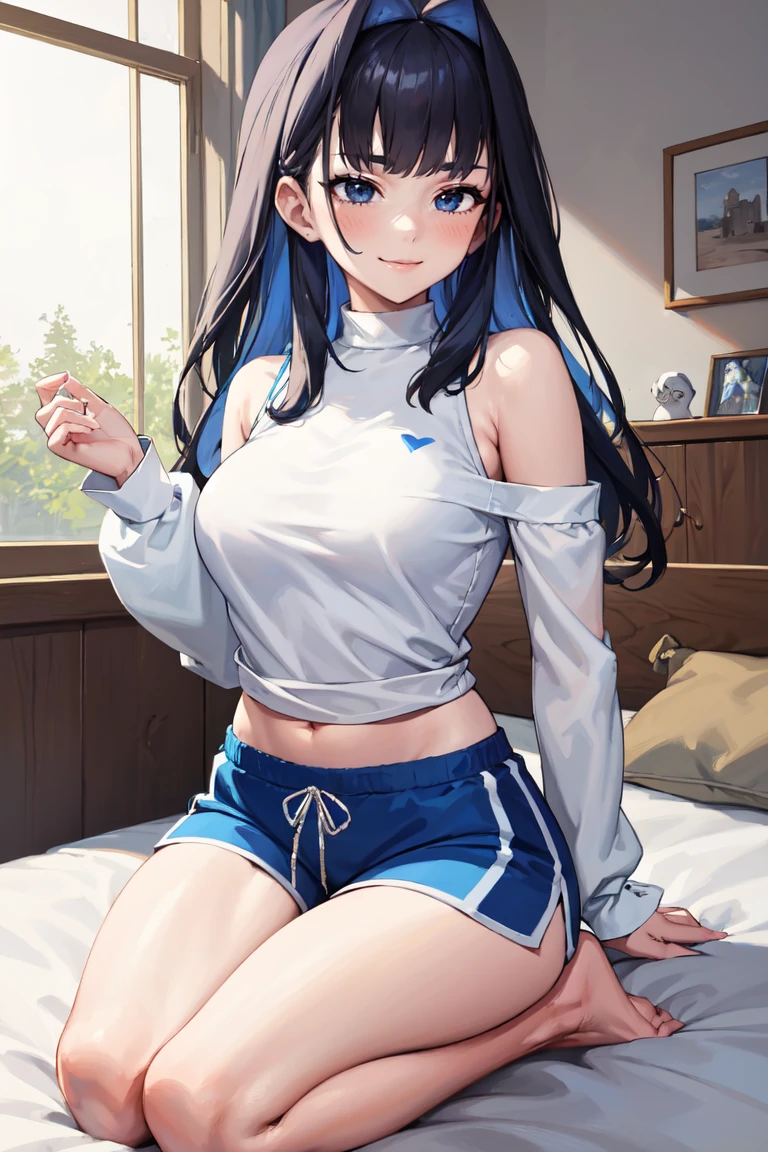 masterpiece, best quality, absurdres, 1girl, solo, KroniiCasual, long hair, hair intakes, turtleneck, long sleeves, bare shoulders, (blue shorts), smile, seiza, on bed, blush, indoors, <lora:CHAR-OuroKroniiV2:1>