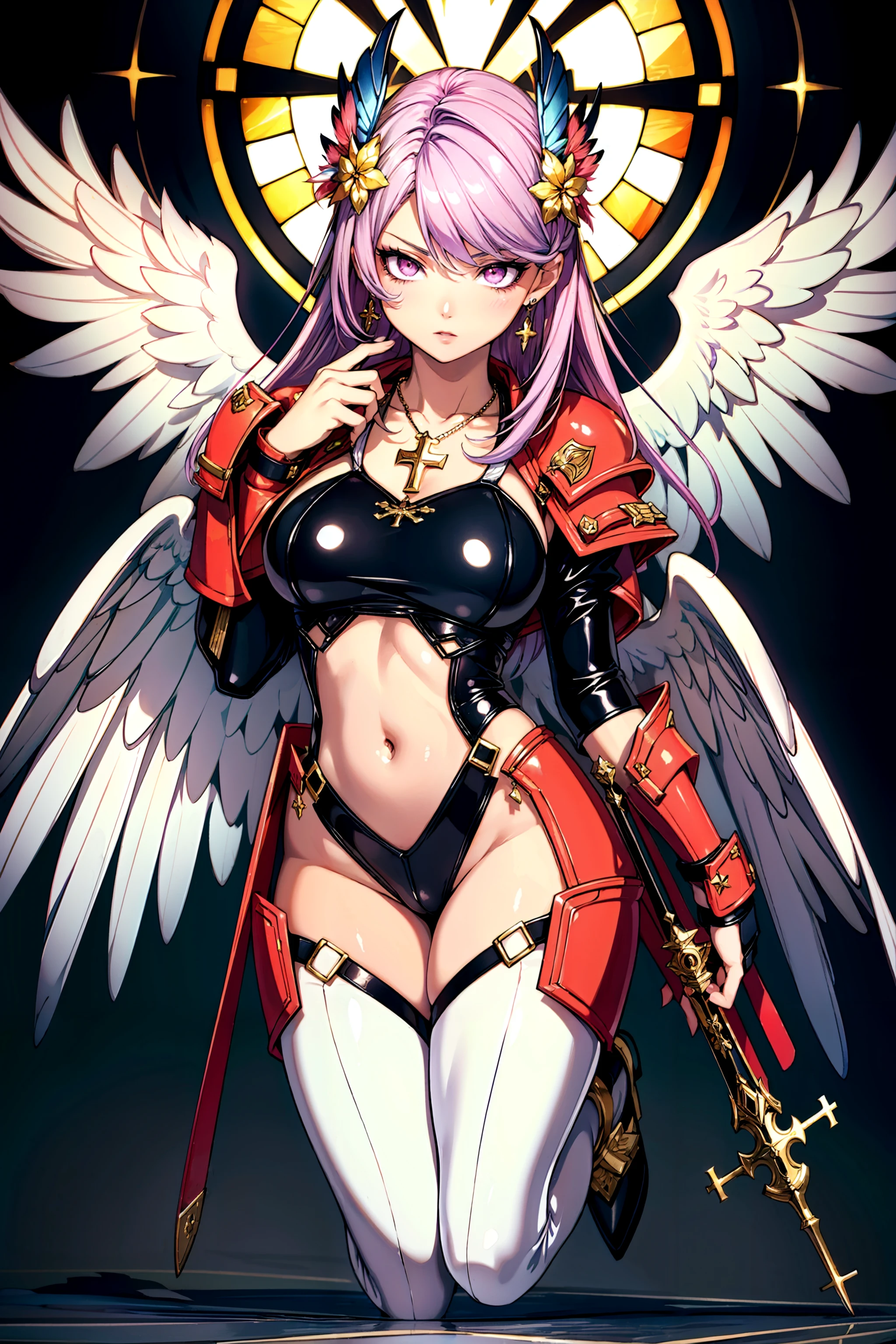 1girl,masterpiece,illustration,full body,disgust,chromatic aberration,hunter,huge weapon,necklace,hair ornament,long hair,vampire hunter,angel,halo,wings,angel wings,feathers,cross,cross necklace,earrings,pink eyes,purple hair,pennant,stained glass,latex bodysuit,hip vent,fur trim,(armor:1.1),(navel cutout:1.2),<lora:EnvyBeautyMix14:1>,