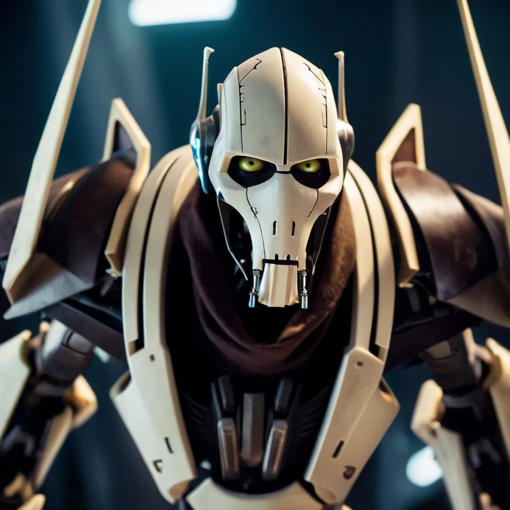 cinematic film still of <lora:General Grievous:1>
General Grievous a Cyborg with a metal face and body and creepy eyes in star wars universe, shallow depth of field, vignette, highly detailed, high budget, bokeh, cinemascope, moody, epic, gorgeous, film grain, grainy