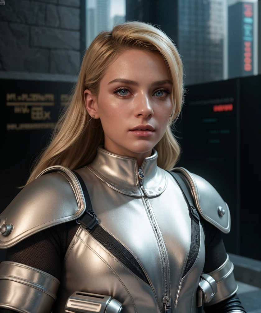 centred, slavic woman, blond hair, blue eyes, sci-fi, slim armor, navy blue plates, future, desert