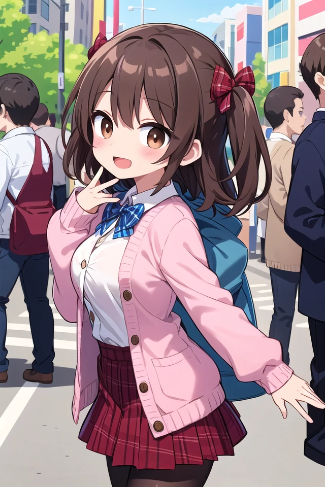 insanely detailed, absurdres, ultra-highres, ultra-detailed, best quality,
1girl, solo, nice hands, perfect hands,
BREAK
(School Uniforms:1.2), (pink cardigan is fit body:1.4), ((do up a buttons, not loose):1.5), ((long sleeve, sleeves past wrists):1.2), (inner wear is white collared-shirt:1.3), (red plaid-pattern bow:1.3), (red plaid-pattern pleated skirt:1.3), ((dark-brown pantyhose, loafers):1.2) ,
BREAK
happy smile, laugh, open mouth, standing,
from side,
cute pose, cowboy shot,
BREAK
slender, kawaii, perfect symmetrical face, ultra cute girl, ultra cute face, ultra detailed eyes, ultra detailed hair, ultra cute, ultra beautiful,
BREAK
in harajuku, shibuya, tokyo, street, crowd, cityscape,
BREAK
medium large breasts,
(brown hair, brown eyes), hime cut