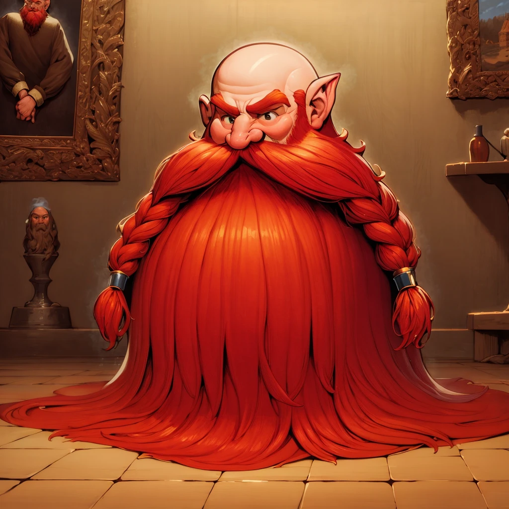 illustrated cartoon, painting, ultra detailed, masterpiece,  Harry_Dwarf,  dwarf-like, flowing long red beard, braided moustache,bald, silver bangles,  <lora:Harry_Dwarf_SD1.5:0.8>