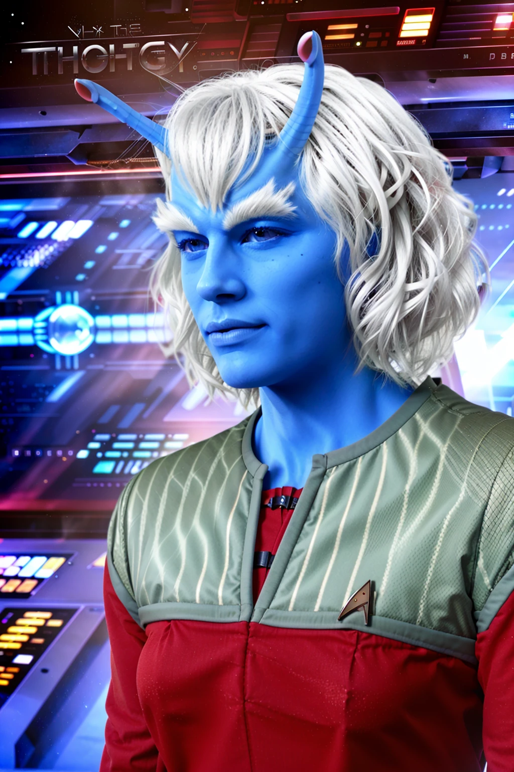 andorian man, blue skin, white hair, antennae, scifi starship background, <lora:race_st_andorian:1>