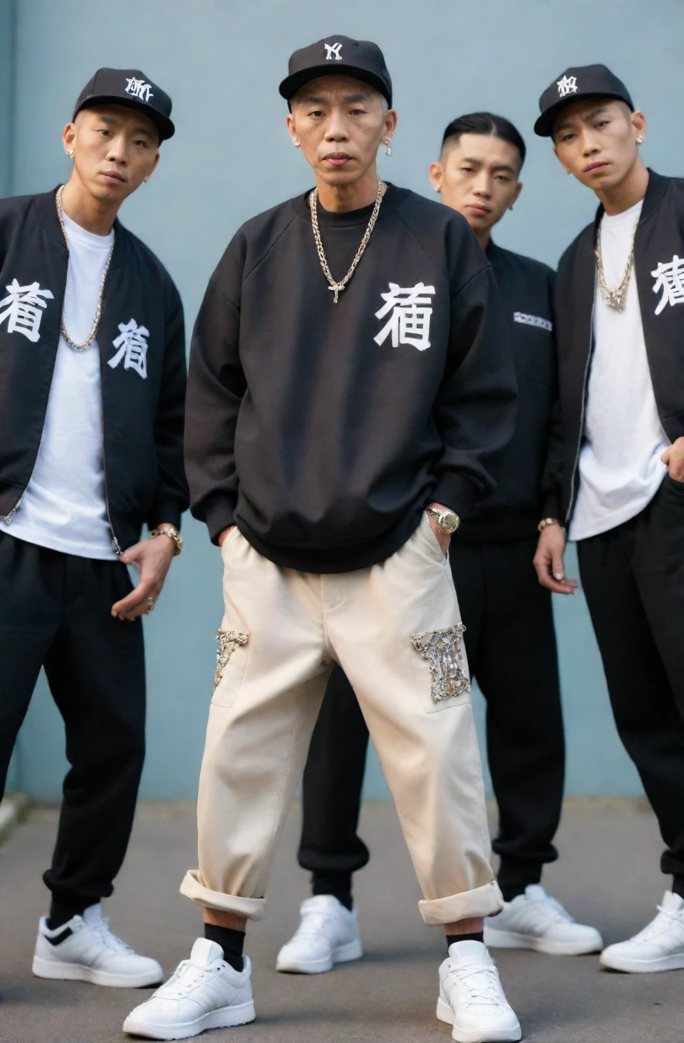 a fashion photoshoot with dynamic dutch angle of a hip hop gangsta cover photo of old senior japanese boy band